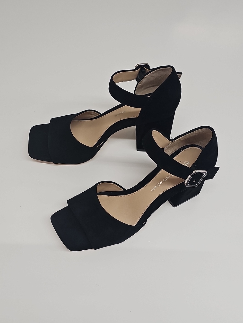 ANTONIO MELANI Black Suede Square-Toe Block Heel Sandals with Ankle Strap Size 8